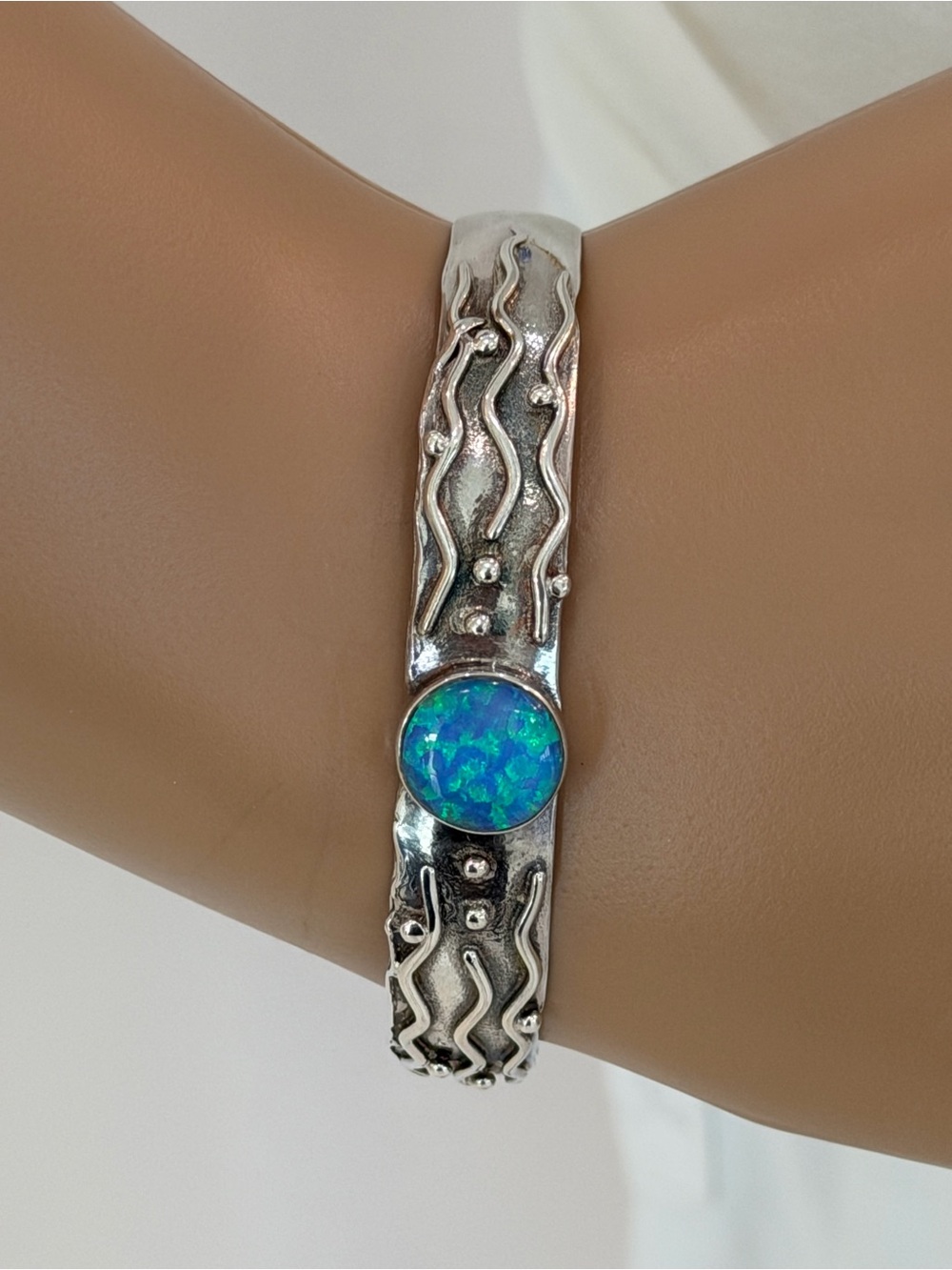 Gorgeous Sterling Silver Blue Lab Created Opal Textured Wave Cuff Bracelet